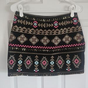 miami Black Mini Skirt with Pink and Teal Aztec Embroidery And Seqiun Detail
